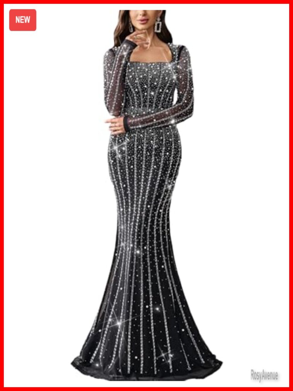 Women Sequin Mermaid Prom Dress Long Sleeve Rhinestone Evening Gown Formal